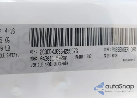 2016 Dodge Charger Sxt из США, поврежденный, VIN 2C3CDXJG9GH259876